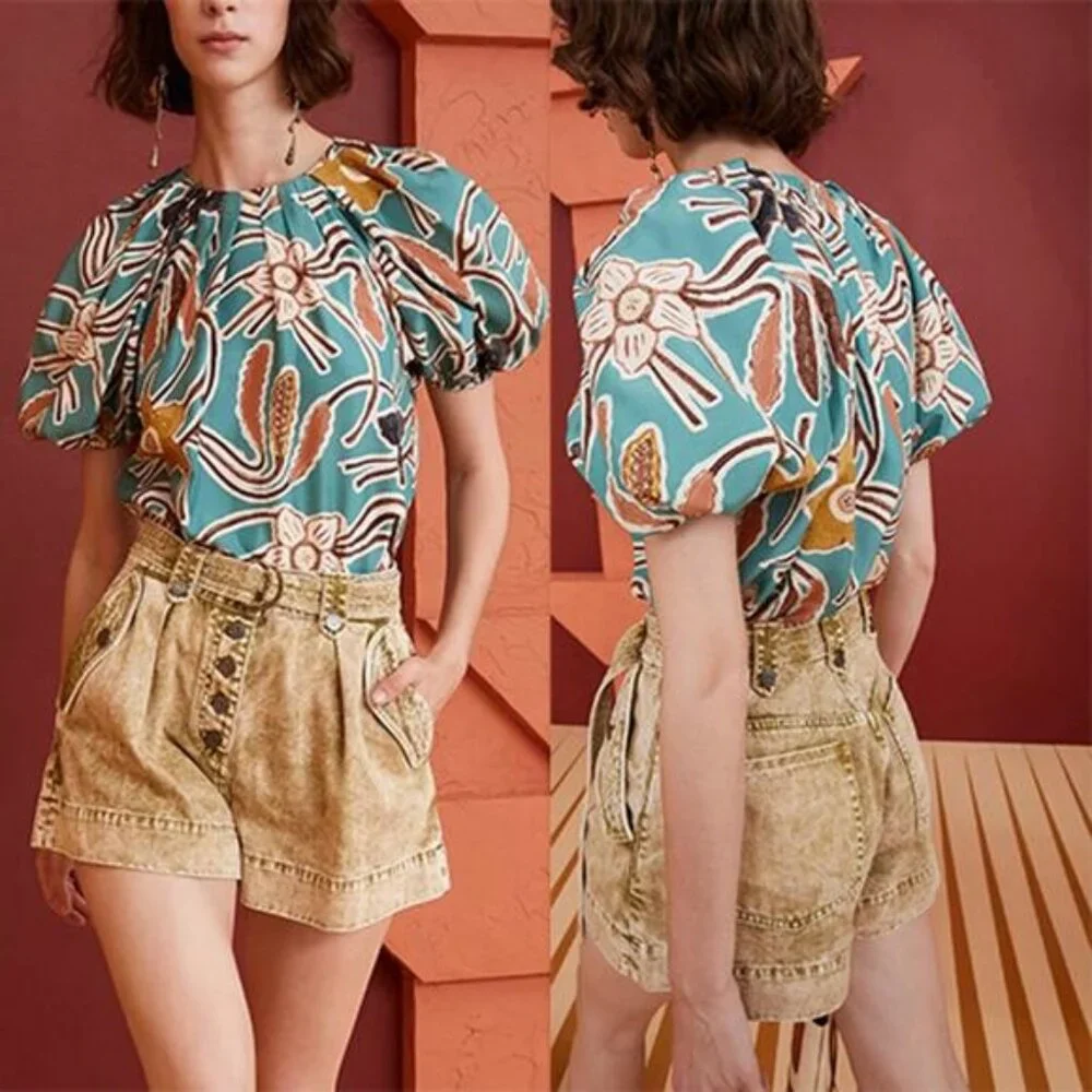 NEW Ulla Johnson Anila Floral Puff Sleeves Crew Neck Blouse Top in Topaz